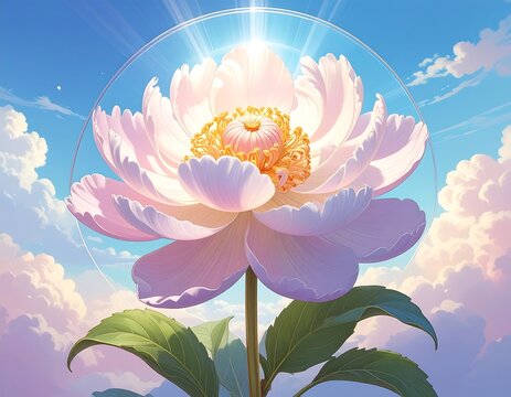 Luminous Pink White Lotus Blooming Under Sunlight in Dreamy Blue Sky