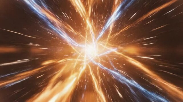 A bright light explosion occurs in space with vibrant orange and blue streaks radiating outward.