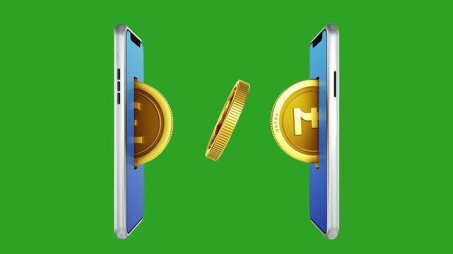 A 3D loop animation of golden UAE Dirham coins transferring between two mobile phones on a green screen, representing digital banking, electronic payments, fintech, and online money transfers.