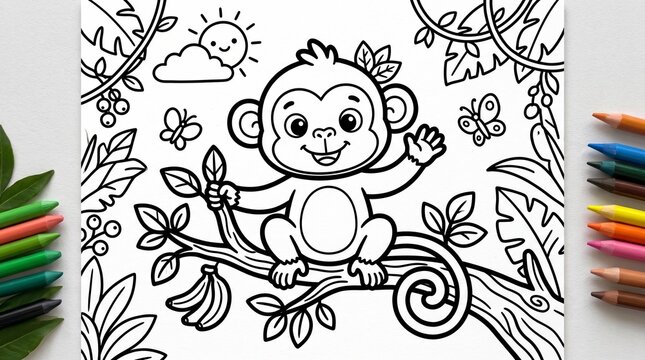 Cute Monkey Outline Drawing for Kids Coloring Page | Thick Stroke Cartoon Monkey Line Art
