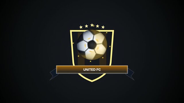 Premium flat design animated soccer club logo badge featuring a spinning gold football, elegant shield framework, stars, and United FC ribbon banner. Perfect for sports branding.