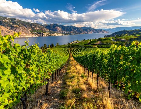 Lush Green Vineyard Rows Stretching Toward Blue Lake and Mountain Valley