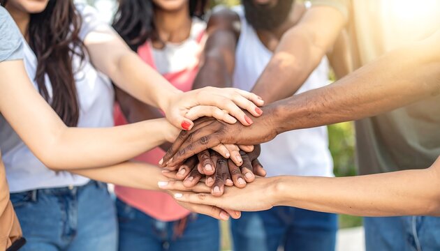 Diverse Young Friends Stacking Hands Together in Sunny Outdoor Setting