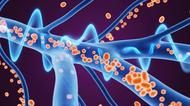 Abstract Visualization of Gestational Diabetes with Glucose Molecules Interacting in Blood Vessels Featuring Orange and Blue Colors in a Scientific Conceptual Design
