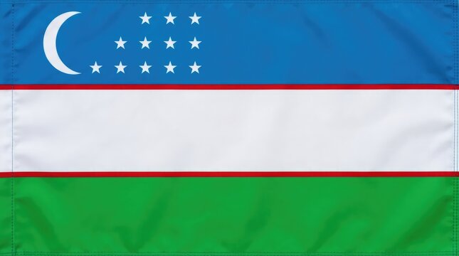 The flag of Uzbekistan, featuring horizontal stripes of blue, white, and green, with a white crescent moon and stars in the canton