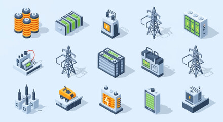 Fototapeta premium Collection of isometric icons representing various types of batteries and power generation equipment.
