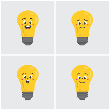 Cute light bulb character set with various facial expressions