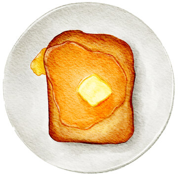 Handdrawn Slice of Toast Bread with Butter and Maple Honey Syrup in Plate Realistic Watercolor Illustration | Bakery Cafe Food Snack Dessert Menu Element Clipart PNG