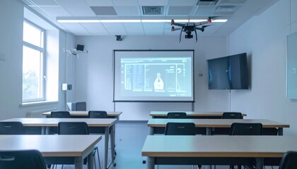 Fototapeta premium Drone flying in a modern high-tech university classroom.