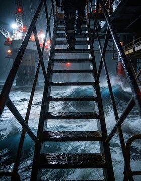 Metal staircase on an offshore oil rig above rough ocean waves during a severe storm