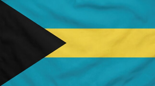 The national flag of the Bahamas featuring its distinct black triangle, yellow stripe, and aquamarine stripes