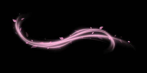 Romantic Pink Neon Swirl with Sakura Flower Petals and Glittering Magic Particles for Holiday Greetings, Love Messages and Social Media Design on Black Background © kulinskaia