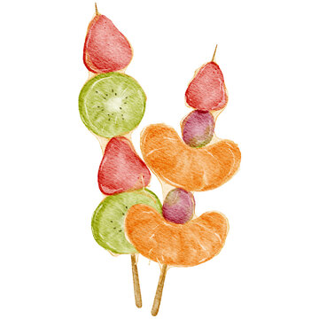 Handdrawn Summer Fresh Fruits Tanghulu Realistic Watercolor Illustration | East Asian Snack Dessert Menu Element Clipart PNG