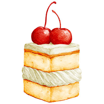 Handdrawn Vanilla Sponge Cream Cake with Cherry Realistic Watercolor Illustration | Bakery Cafe Food Snack Dessert Menu Element Clipart PNG