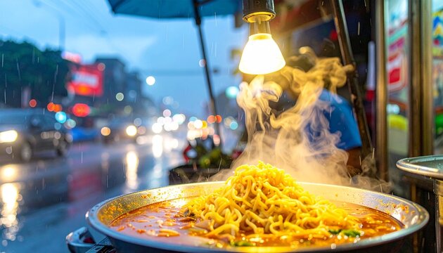 Steaming noodles under warm lights during rainy season evening