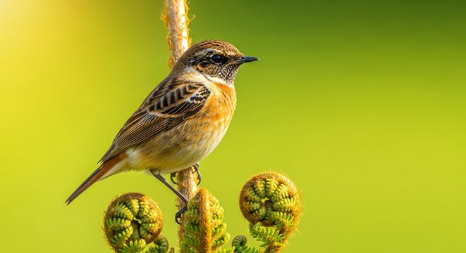 Small brown stonechat bird perches gracefully on a vibrant green fern frond while captured in bright natural sunlight during a beautiful spring day in nature