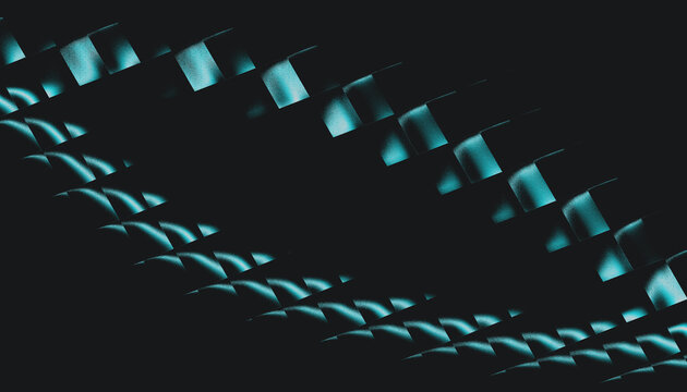 Abstract pixelated neon blue stepped gradient waves with grain texture