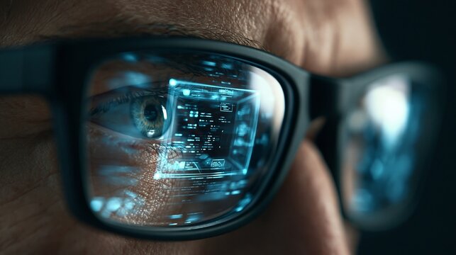 Human eye looking through glasses with glowing blue digital data interface reflecting on the lens surface