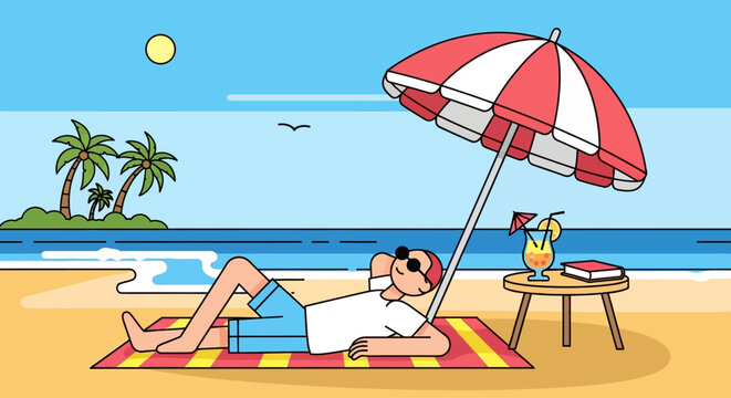 Man relaxing on beach International Childfree Day under umbrella with drink