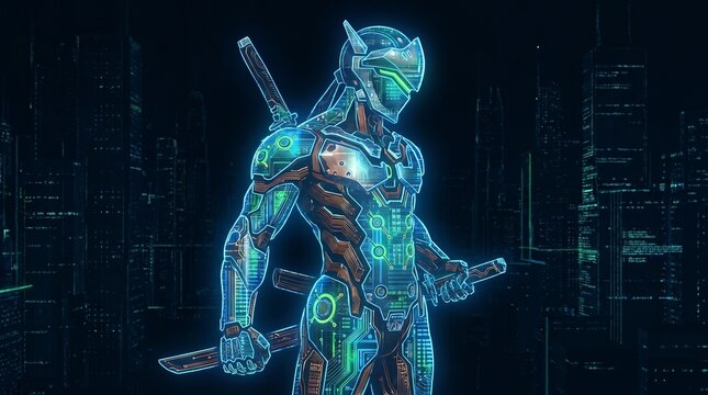 Cybernetic warrior with glowing circuits and swords against a futuristic city
