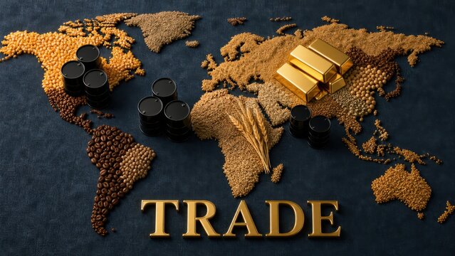 Global natural resources commodity trade map featuring gold bars oil barrels wheat and coffee beans on dark textured fabric background for economy concepts