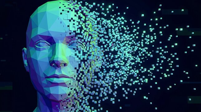 Low poly human face decomposing into digital pixels