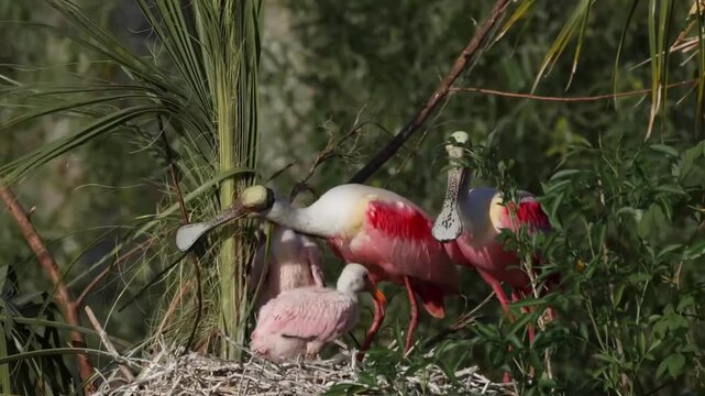 Busy spoonbill parents continue build nest with branch material after they have babies in the nest