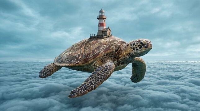 Surreal Giant Sea Turtle Flying Through Clouds with Lighthouse on Back Digital Art