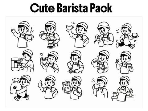 Cute Barista Mascot Sticker Pack Collection Hand Drawn Black and White Coffee Shop Chara