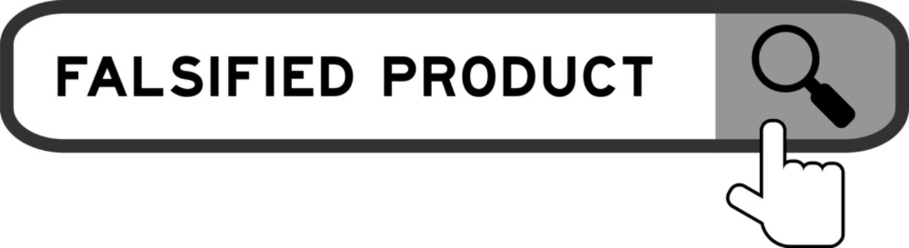 Search banner in word falsified product with hand over magnifier icon on white background