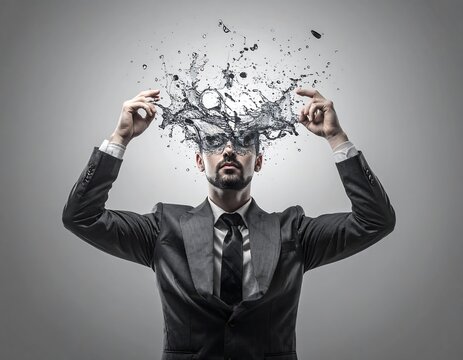 Surreal Businessman with Water Splash Around Head in Minimal Studio Background