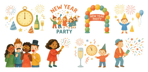 Fototapeta premium PNG Festive New Year celebration illustrations, element set on transparent background