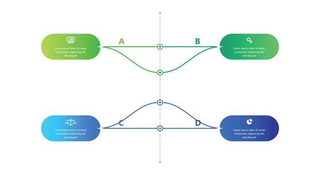 Symmetric choice infographic timeline layout split into four colorful rounded text options workflows tracks vector abstract process diagram chart