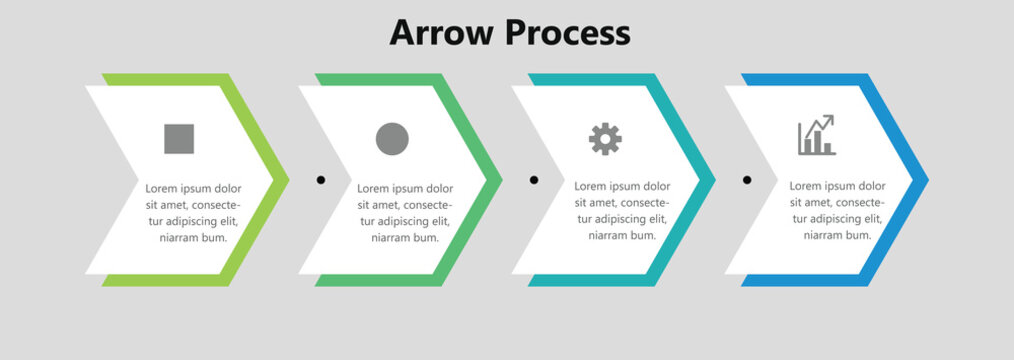 Arrow process business infographic template with four steps sequential horizontal chevron workflow diagram layout chevron presentation design vector
