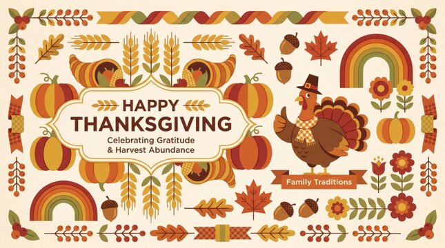 Thanksgiving greeting card background with turkey pumpkins cornucopia and fall leaves flat art design