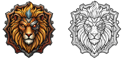 Obraz premium Steampunk Cyborg Lion Emblem with Intricate Mechanical Eye and Mane Details