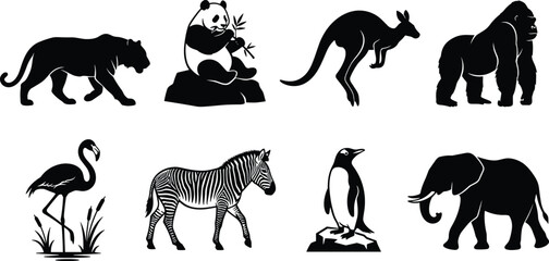 Vector silhouettes of animals including tiger, panda, kangaroo, gorilla, flamingo, zebra, penguin, and elephant in detailed black designs © MDMAHMUDUL