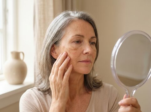 A woman aged 50+ looks at her face with age spots in the mirror