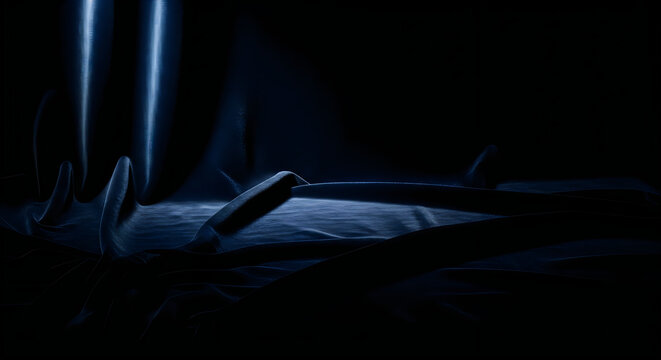 A dark and mysterious scene with blue light shining through a curtain onto a surface with curved objects on it in a dimly lit room with shadows