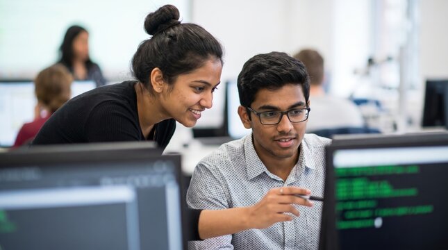 Tech Education Concept: Indian Students Collaborating and Analyzing Code in Modern University Computer Lab