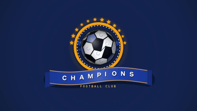 Premium flat design animated soccer club logo badge featuring a spinning gold football, elegant shield framework, stars, and United FC ribbon banner. Perfect for sports branding.