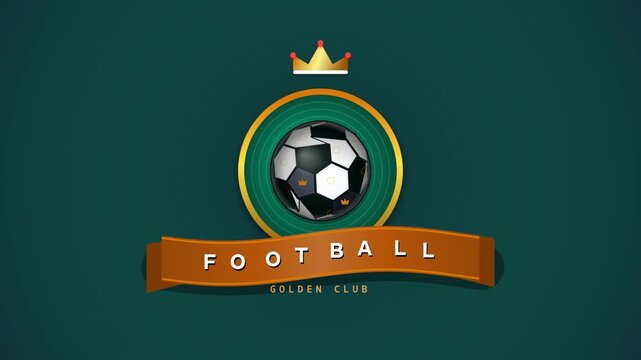 Premium flat design animated soccer club logo badge featuring a spinning gold football, elegant shield framework, stars, and United FC ribbon banner. Perfect for sports branding.
