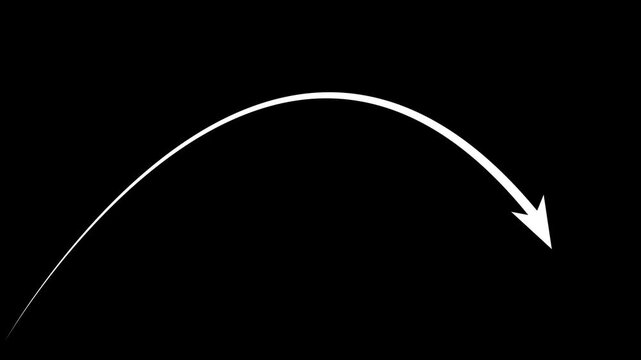 Animated white hand-drawn arrow curving downward, minimalist motion overlay for presentations animation