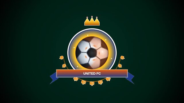 Premium flat design animated soccer club logo badge featuring a spinning gold football, elegant shield framework, stars, and United FC ribbon banner. Perfect for sports branding.