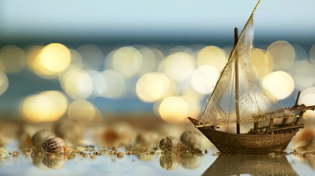 Wooden dhow model on polished surface with seashell accents, coastal soft light, nautical still life, minimal commercial stock