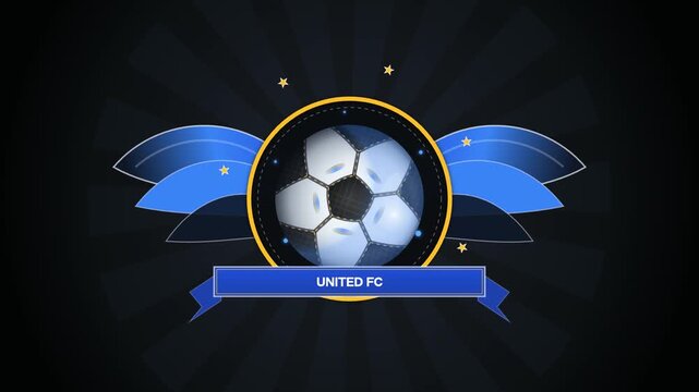 Premium flat design animated soccer club logo badge featuring a spinning gold football, elegant shield framework, stars, and United FC ribbon banner. Perfect for sports branding.