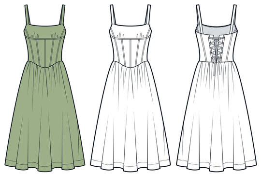 Corset Midi Dress Flat Sketch, Sage Green, Front and Back View with Outline, Dress CAD Mockup