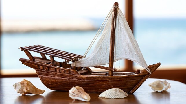 Single-masted dhow model and seashells on polished wood surface, coastal ambient light, nostalgic maritime theme, ample copy space