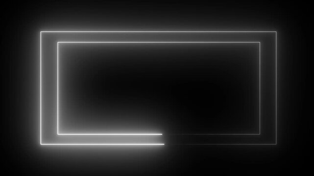 Minimalist white neon glowing rectangular frame animation on black background, border rectangle