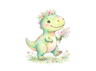 Fototapeta premium Cute baby Tyrannosaurus Rex with a flower crown and bouquet
